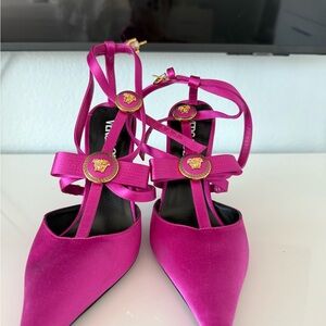 Versace Fuchsia Strappy Heels with Gold Medallions
